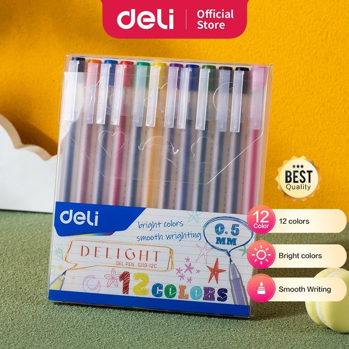 

Deli Office Gel Pen / Pulpen Gel 0.5 mm 12 Warna Penulisan Halus EG119-12C Biru Hijau Merah Plastik