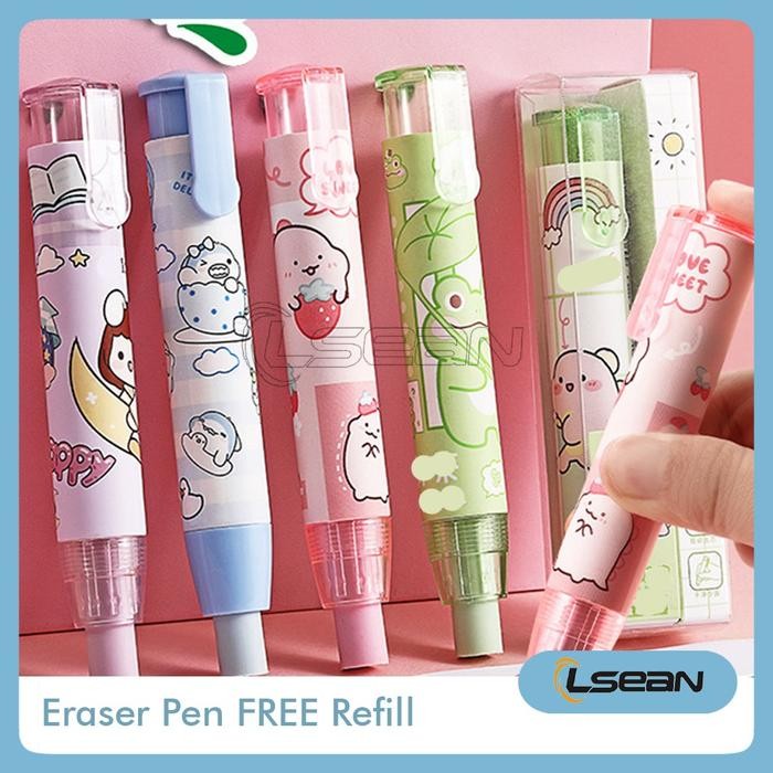 

New SET ERASER PEN KARTUN LUCU PENGHAPUS MEKANIK BENTUK PENA FREE 2PCS REFILL Stationery