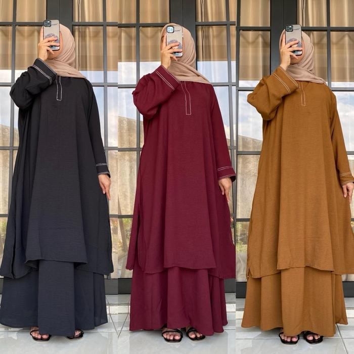 Pilihan- Fatimah Setelan Tunik Rok Muslim Abaya One Set Tunik Melayu Wanita Remaja Polo Linen