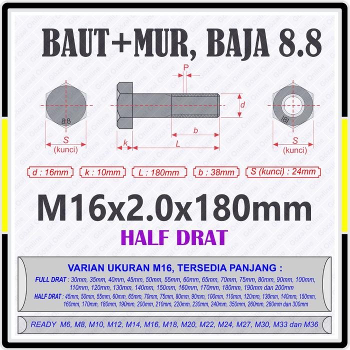 M16 x180mm Pitch 2.0 Kunci 24 - Baut & Mur - baja 8.8 - HALF DRAT