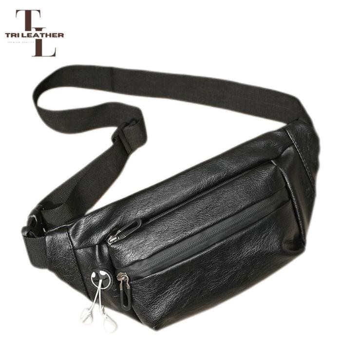 Tri Leather - WB APPLE HITAM - Tas Selempang Kulit Pria Wanita Unisex Hitam Polos Bahan Kulit Lembut