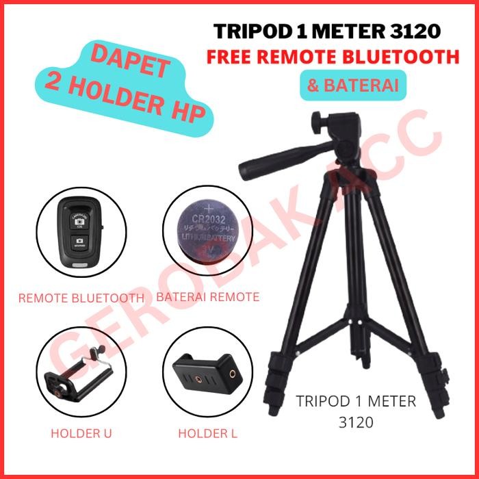 SALE [PAKET] TRIPOD BLUETOOTH 1 METER 3120 REMOTE BLUETOOTH FREE BATERAI + HOLDER HP / TRIPOD KAMERA