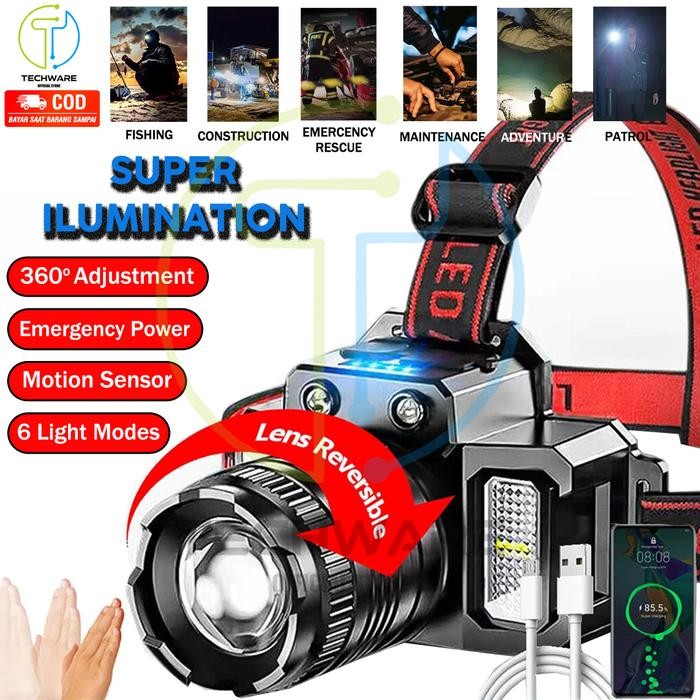 DISKON Senter Kepala LED T51 Super Terang 5000 Lumen USB Charging Dengan Sensor Tangan/ Lampu Kepala