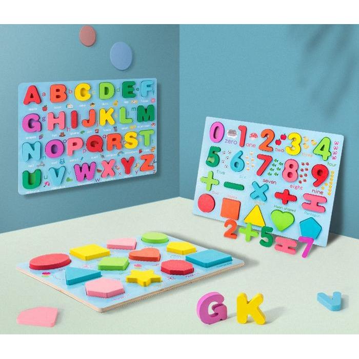 Puzzle Kayu Anak Abc 123 - Chunky Puzzle Pastel - Wooden Puzzle 3D