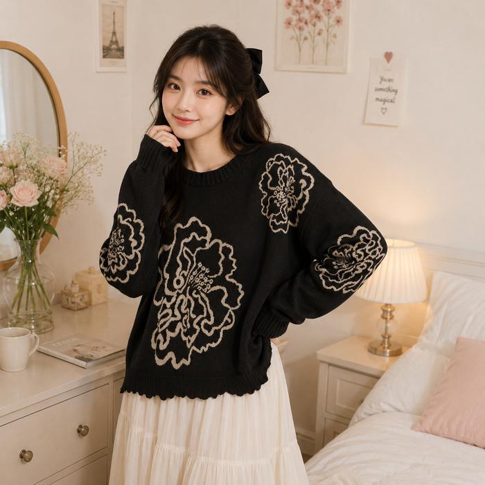 Ready Liora - Peony Flower Knit Sweater Sweater Rajut Premium Tebal Motif Bunga Premium