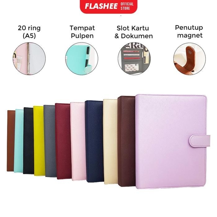 

New Flashee Binder Kulit Polos Eksklusif A5 20 Ring Agenda Organizer Kulit Sintetis Mewah