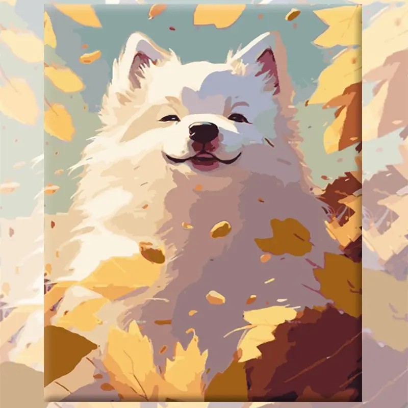 DIY Paint By Numbers Samoyed Dog Cute Puppy Oil Painting for Adults and Kids Beautiful Art Decoratio