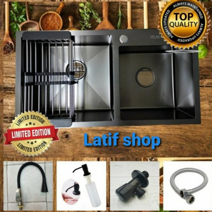 Paket Kitchen Sink Velar 8143 Hitam 2 Lubang / Kitchen Sink Hitam