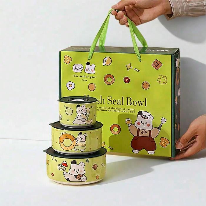 Three Piece Set Sealed Bowl Instant Noodle Bowl Set Gift Microwave / 3 Pcs Set Mangkok Tutup Seal