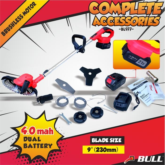 Bull mesin rumput baterai heavy duty 21V BL977 potong padi dan dahan