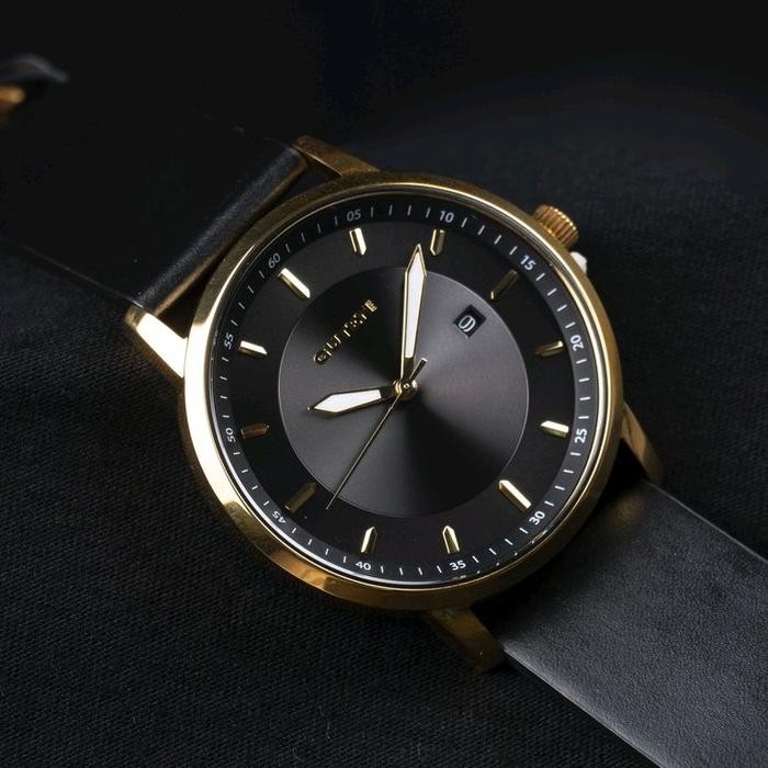 rv45- Guteninc - Jam Tangan Pria Sincere Black Gold Leather Watch