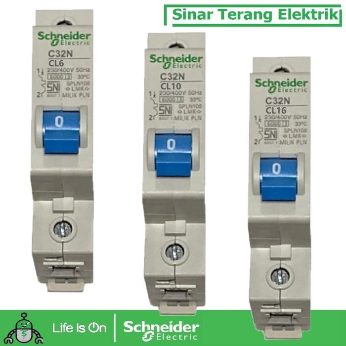 BERKUALITAS Schneider MCB PLN Kepala Biru C32N 1P 6A 10A 16A CL6 CL10 CL16