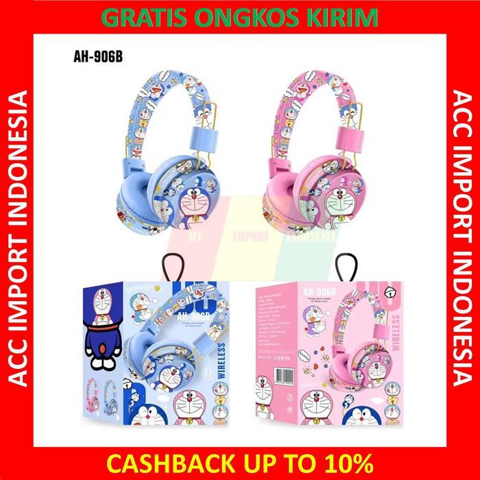 HEADPHONE BLUETOOTH HEADSET KARAKTER ANAK DORAEMON PINK BIRU AH-906B