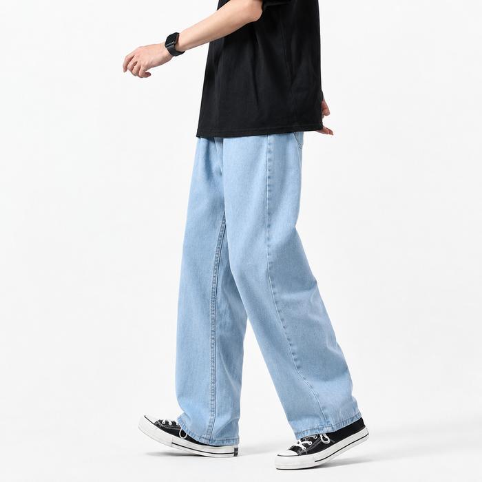 Celana Jeans Baggy Cowok Warna Biru Muda Oversize Straight Loose Pants Wide Leg Korean Style Gaya