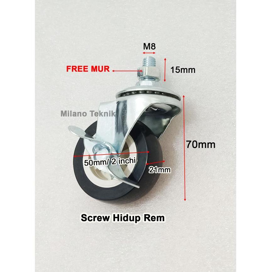 Roda 2 inch PVC (1 set :4 pcs Roda Screw/Baut)/Etalase/Nilon/Furniture