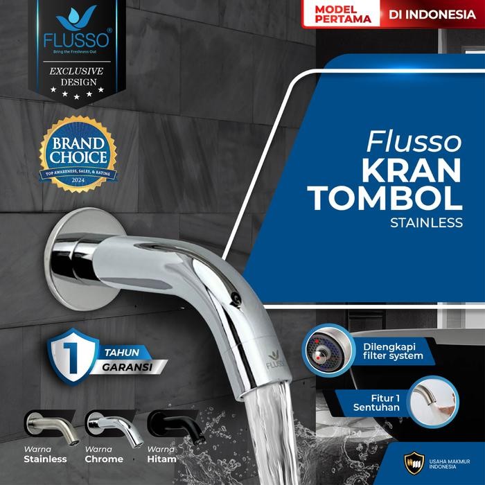 Flusso Kran TEMBOK Stainless tekan ON OFF keran air wudhu unik uniq touch tap faucet push 3 warna