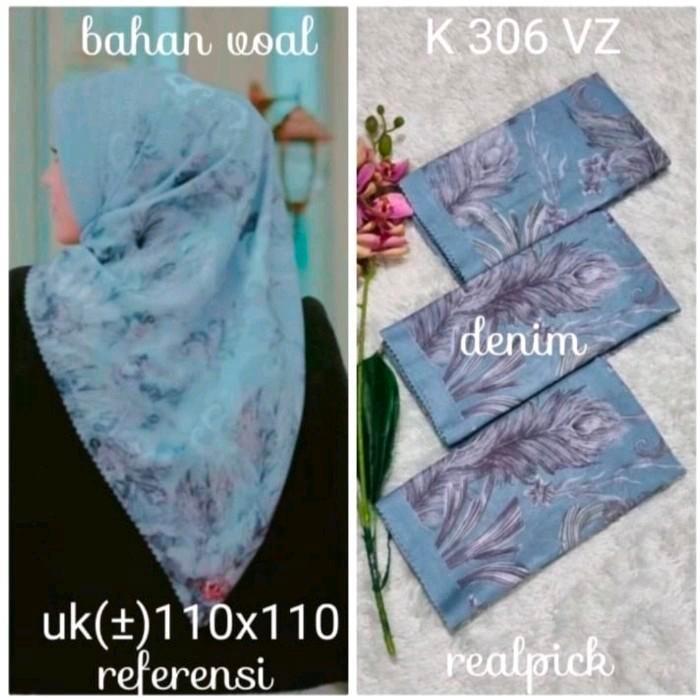 Hijab Segi Empag Voal Motif Denim Abu