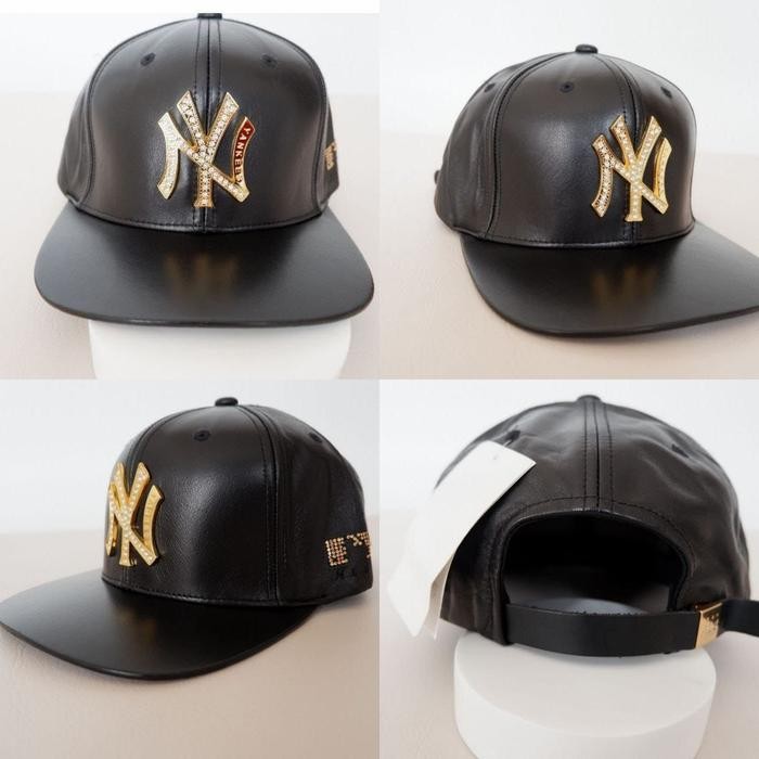 READY NWT MLB Cap Adult Black Leather with NY Logo in Swarovski Yank
