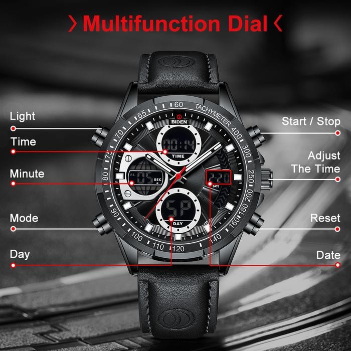 Pilihan- Biden Jam Tangan Pria Fashion Cool Tali Kulit Multifunsi Sports Original Jam Tangan