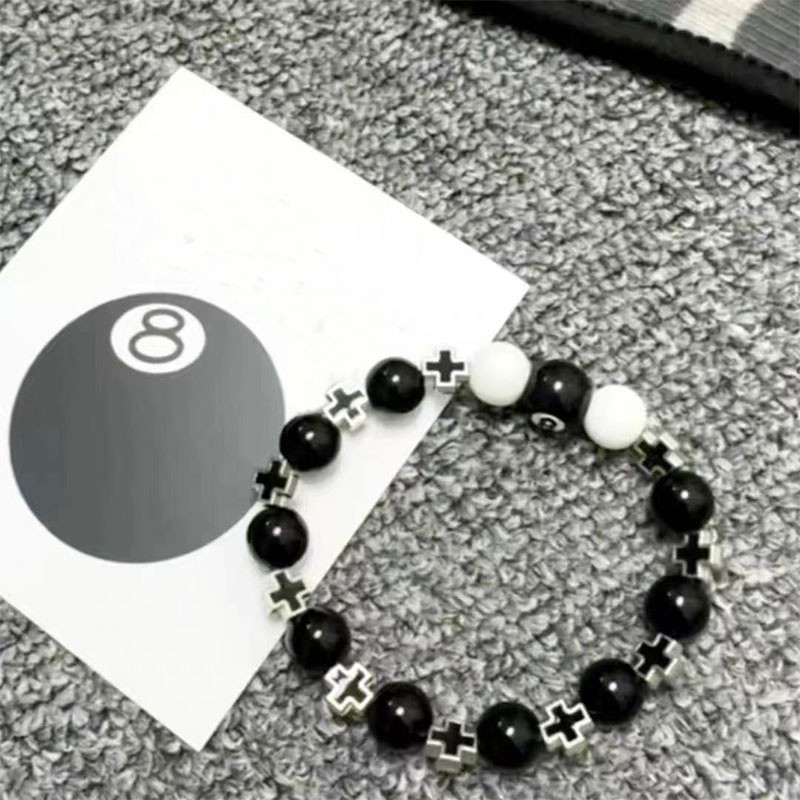 Billiard Black Eight Cross Bracelet Black And White Spliced Beads Strings For Men