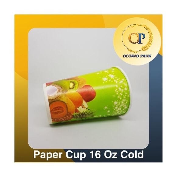 62eh- Paper Cup 16 Oz Cold Buah Printing Motif / Gelas Kertas Minuman Dingin 16 Oz Cold