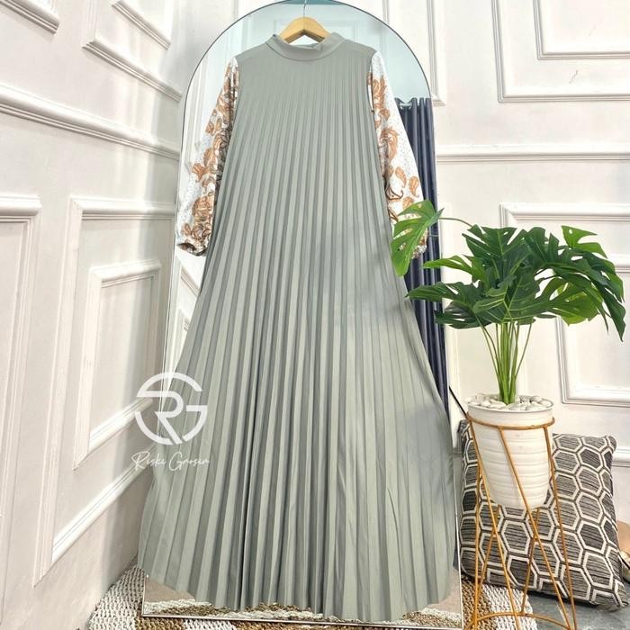 Rayya Long Dress Gamis Plisket Premium Motif Bunga Casual Panjang Silk Melar Nyaman Wanita Kancing