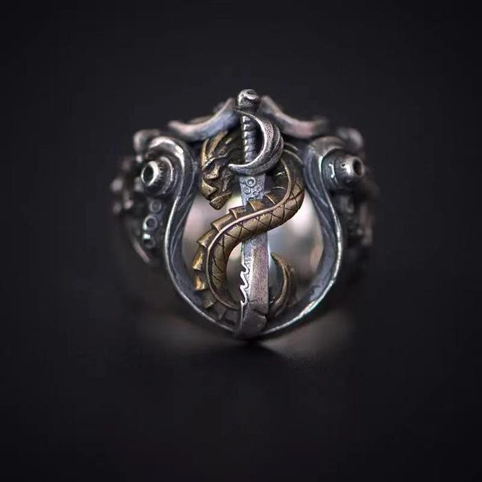 CINCIN NAGA PEDANG - THICK SILVER GOLD DRAGON SWORD RING RESIZABLE ADJUSTABLE BILGEWATER INSPIRED