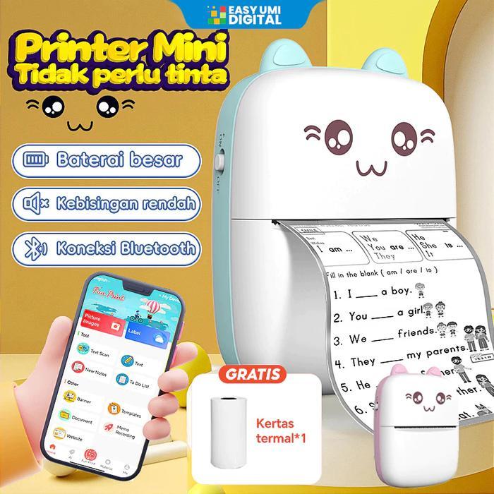 Mini Cute Thermal Printer Bluetooth Portable Printer Kasir Label Printer Biru