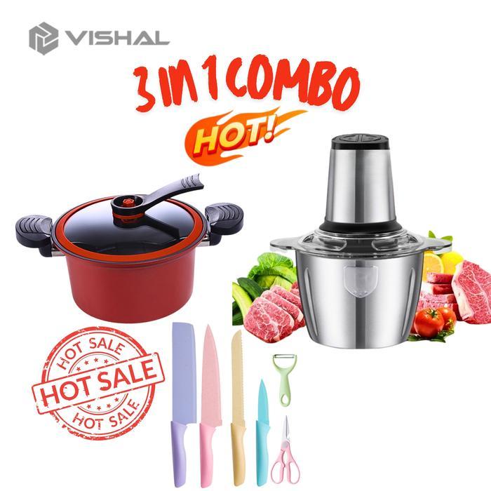 Mitochiba Kitchen - Combo 3 Panci Presto + Blender Penggiling Daging Stainless + Pisau Set 6in1