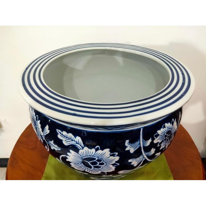 Pot Bunga Keramik Cina Biru Dongker Bulat Tebal Besar Size No 1