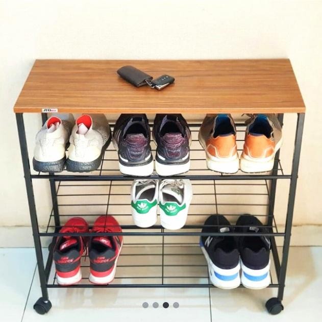 ASLI Rak sepatu susun 4 rak sepatu besi rak sepatu kayu minimalis READY STOCK
