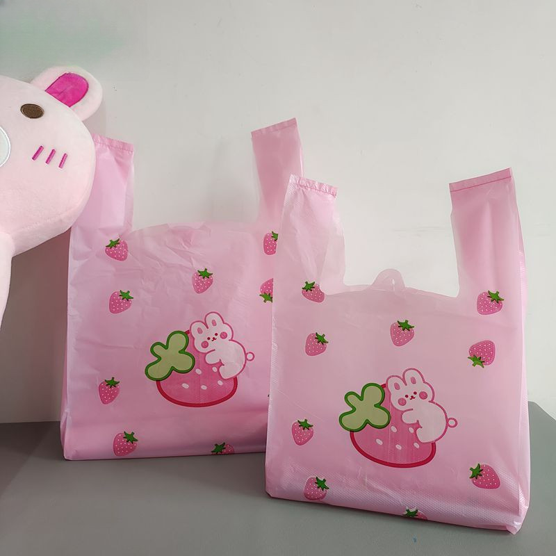 Pink Strawberry Rabbit Handheld Tank Top Thickened Plastic Bag Cute Trash Can Fruit Delivery Bags De