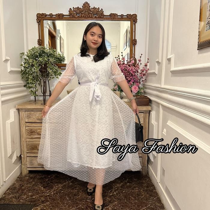 080j- Dress Brokat Polos Putih Maxi Mewah 20110 Casual Kombinasi Tutu Pesta Wanita