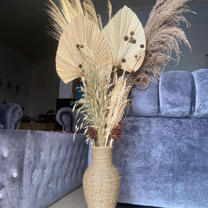 Paket Dekorasi Rustic dan Pot Guci Tinggi 50cm / Daun Palem Kering / Paket Bunga Kering Murah /