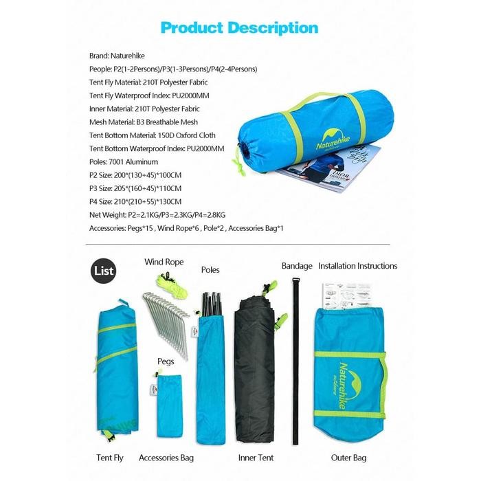 Spo- Tenda Naturehike Professional 2 3 4 Orang Camping Dome Double Layer