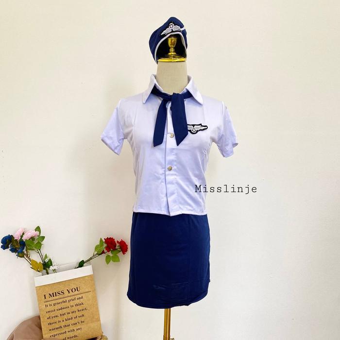 Set Kostum Pramugari Seksi Atasan Kemeja dan Rok - Lingerie Cosplay Biru Navy