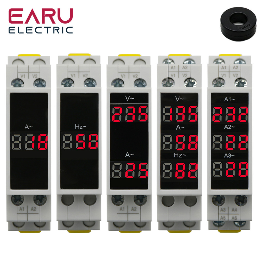 Din Rail 18mm Voltage Current HZ Meter AC 80-500V 220V 380V 100A Modular Voltmeter Ammeter LED