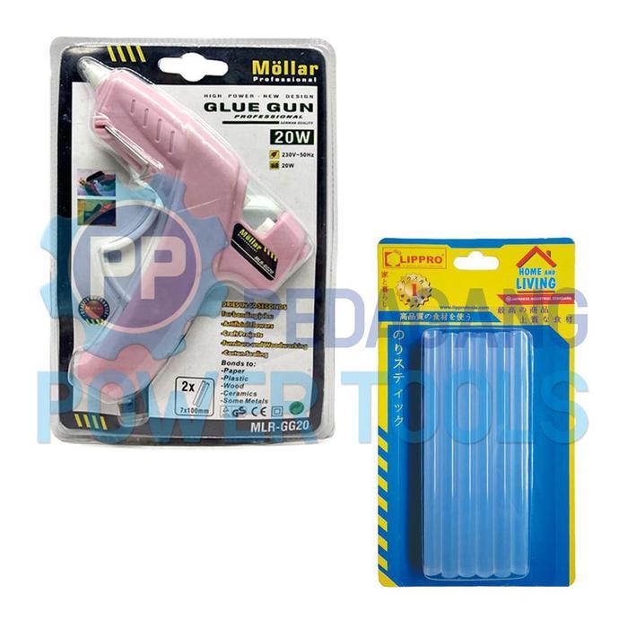 PAKET MOLLAR GLUE GUN 20 WATT PINK & LIPPRO REFILL LILIN LEM TEMBAK