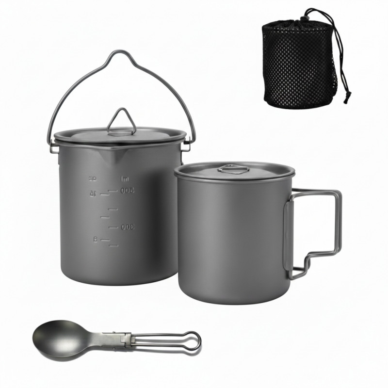Titanium Camping Cookware Set with Folding Mug (420ml/750ml) and 750ml Pot, Lightweight Portable
