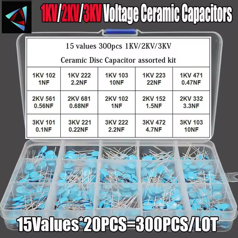 300Pcs/BOX 15Values 1KV/2KV/3KV 0.1nF-22nF 102 222 103 223 472 561 681 High Voltage Ceramic Disc