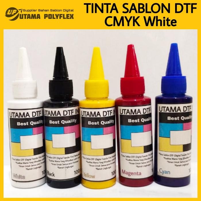 

NEW PRODUK TINTA SABLON DTF / UTAMA DIGITAL TRANSFER FILM INK CMYK WHITE 100 ML WARUNG ARA67