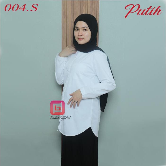 Pilihan- Kemeja Tunik Putih Tanpa Kerah Saku Kantong Depan Polos Wanita Shanghai Panjang Jumbo