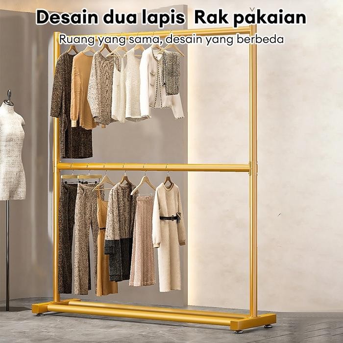 Rak Baju Gantung Besi 2 Tingkat Gantungan Baju Berdiri Besi Gawangan Baju Besi 150x200CM