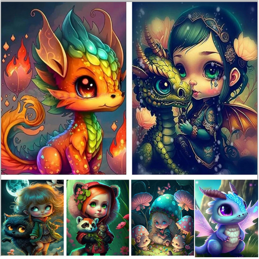 Cute Dragon Diamond Painting Big Eyes Girl Cross Stitch Kits 5D Diamond Embroidery DIY Coloring By N