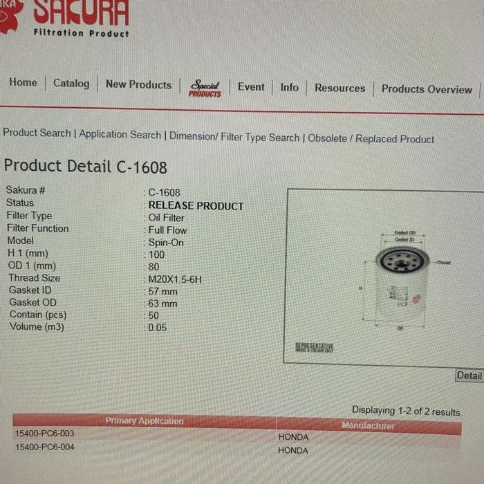 Ready Filter oli Honda Accord 2000 cc 86 up( C 1608 C - 1701 )sakura -10226-