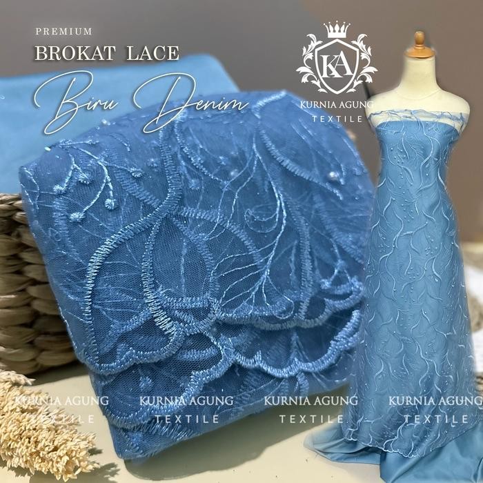 DISKON Kain Bahan Kebaya Brukat Tile Mutiara Glitter Motif Salur Daun Warna Biru Denim di jual per