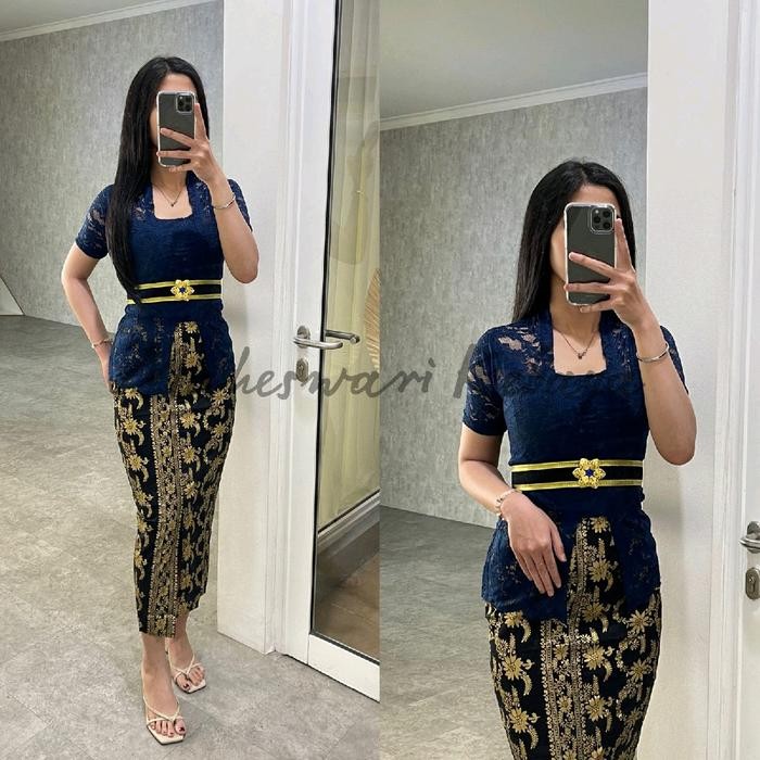 ASLI Kebaya Bali Set/Kebaya Bali Set Pendek Navy READY STOCK