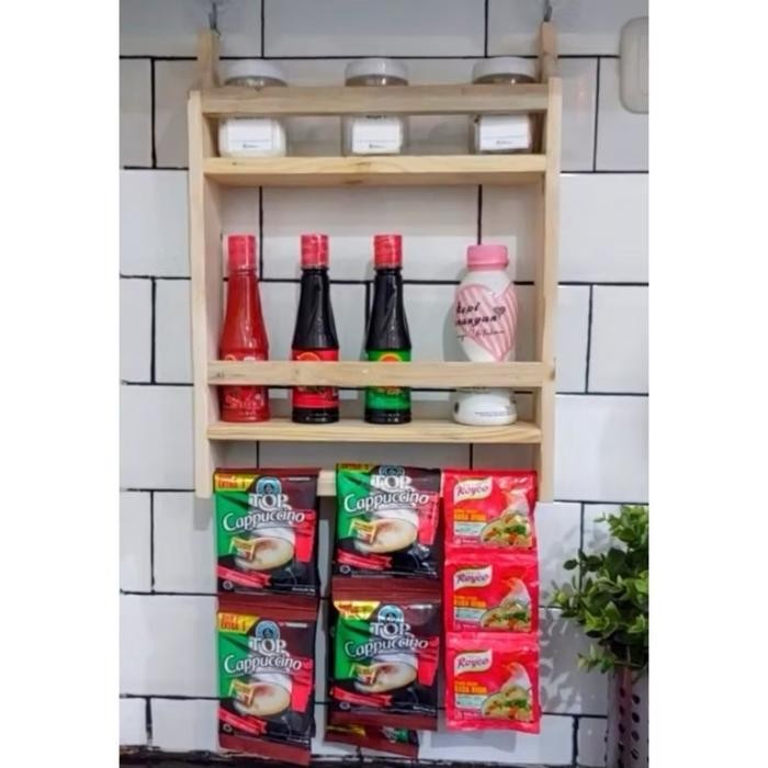 HariPromo- Rak Bumbu Gantung Serbaguna Tempat Bumbu Rak 2 Susun Rak Tempel Dinding Jati