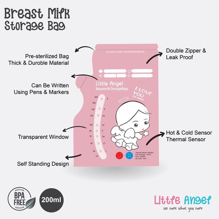 KIDmOms- Kantong Asi Susu 200 Ml Little Angel Breast Milk Penyimpanan Bag Sensor Thermal 30Pcs