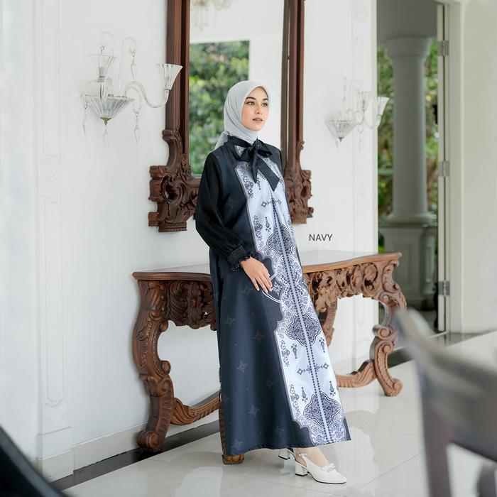 Gamis Silk Terbaru Motif Elegan Mix Tulle Dress Lebaran Busui Frendly - Melisa Series - Navy, XXL